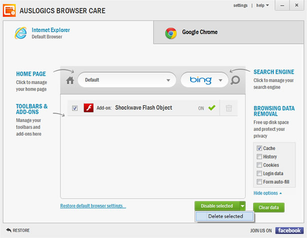 Auslogics Browser Care 移除瀏覽器惡意插件，還原預設值