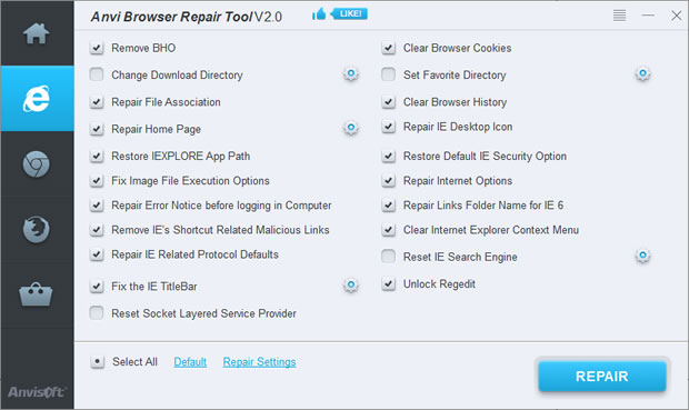 Anvi Browser Repair Tool 瀏覽器修復工具，支援 IE、 FireFox、Chrome