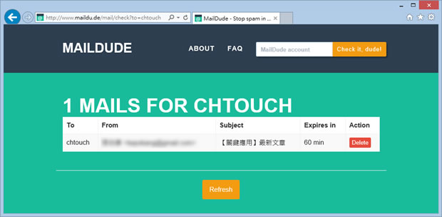 MailDude 線上建立臨時信箱來收信，支援中文