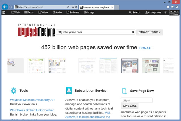 Internet Archive Wayback Machine 網頁時光機，線上瀏覽指定網站的歷史網頁