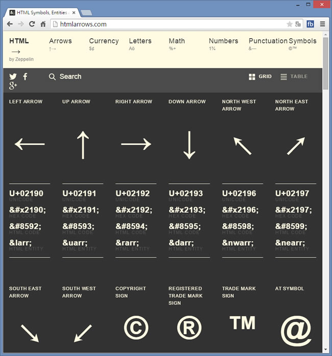 HTML Arrows 網頁特殊符號應用，提供 Unicode、Hex、HTML 編碼