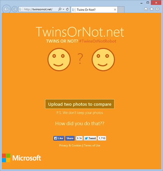 TwinsOrNot 上傳 2張相片，微軟就告訴你相片之間的相似程度