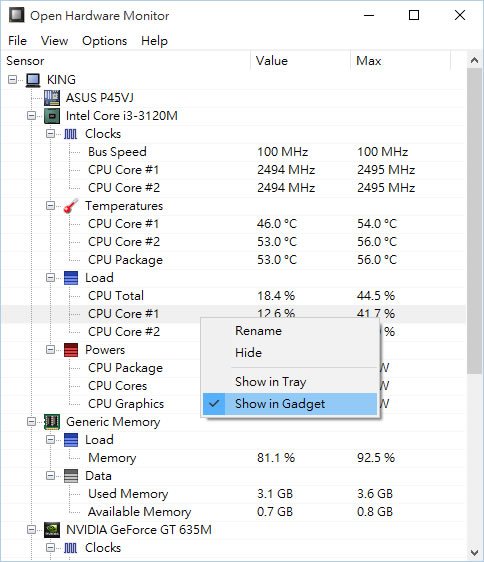 Open Hardware Monitor 在 Windows 桌面顯示 CPU 目前溫度 Open Hardware Monitor 在 Windows 桌面顯示 CPU 目前溫度
