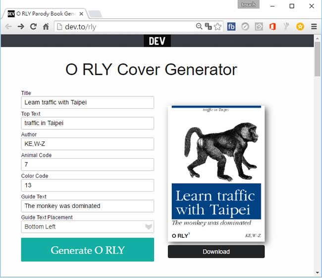 O RLY Cover Generator 以動物為主的書本封面產生器