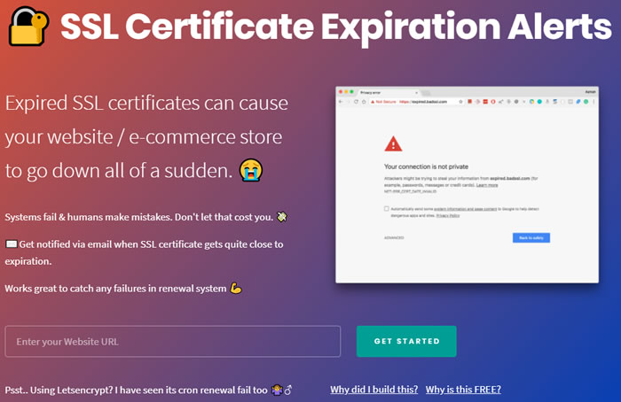 SSL Certificate Expiration Alerts 網站憑證到期前通知免費服務