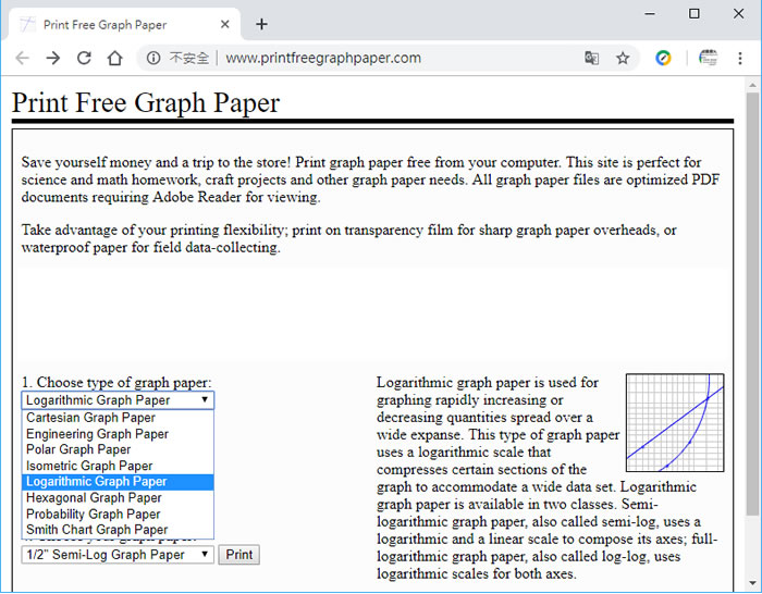 Print Free Graph Paper 可列印坐標、工程、對數、概率...等圖紙的免費網站服務