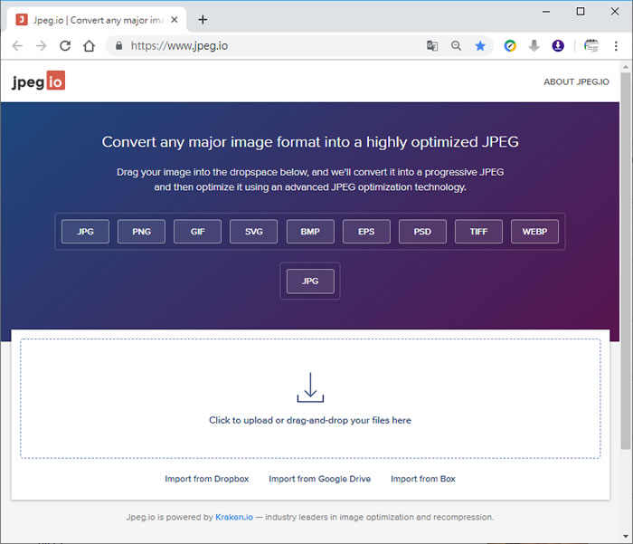 Jpeg.io 將 psd、tiff、webp...轉成 JPG,並做最佳化的免費網路服務 Jpeg.io 將 psd、tiff、webp...轉成 JPG,並做最佳化的免費網路服務