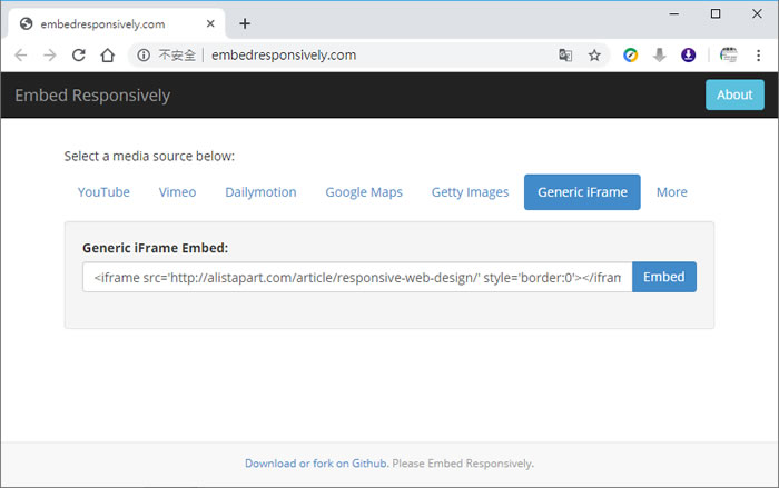 利用 Embed Responsively 網站,產生可自適應螢幕尺寸的 iframe 語法 利用 Embed Responsively 網站,產生可自適應螢幕尺寸的 iframe 語法