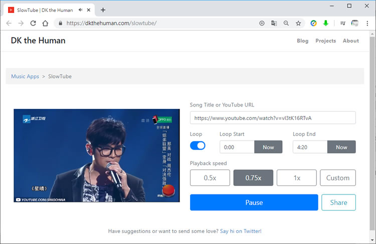 SlowTube 調整 YouTube 影片播放速度來學習語言或歌曲