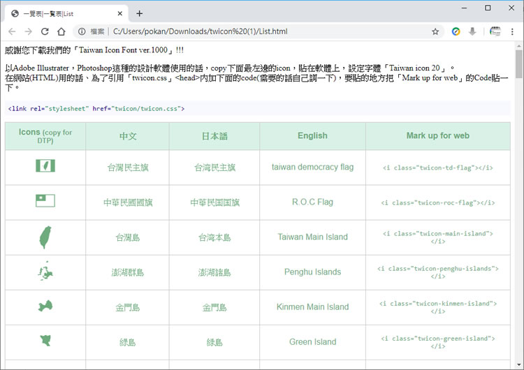 Taiwan Icon Font 以台灣特色所設計的圖示標誌 Taiwan Icon Font 以台灣特色所設計的圖示標誌