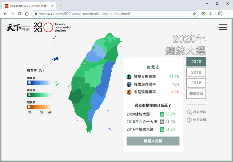 天下雜誌「2020 總統大選開票地圖」票數統計分析