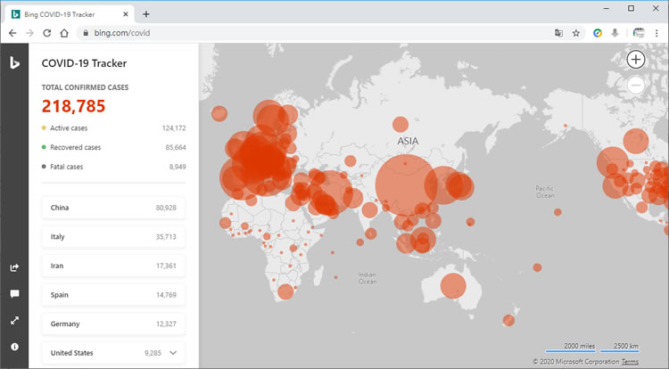 Bing COVID-19 Tracker 微軟用地圖助你掌握各國新冠肺炎疫情