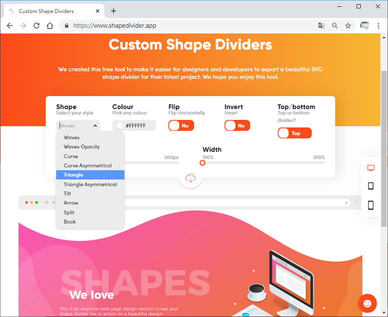 Custom Shape Dividers 可由用戶自訂形狀的 SVG 向量圖形產生器 Custom Shape Dividers 可由用戶自訂形狀的 SVG 向量圖形產生器
