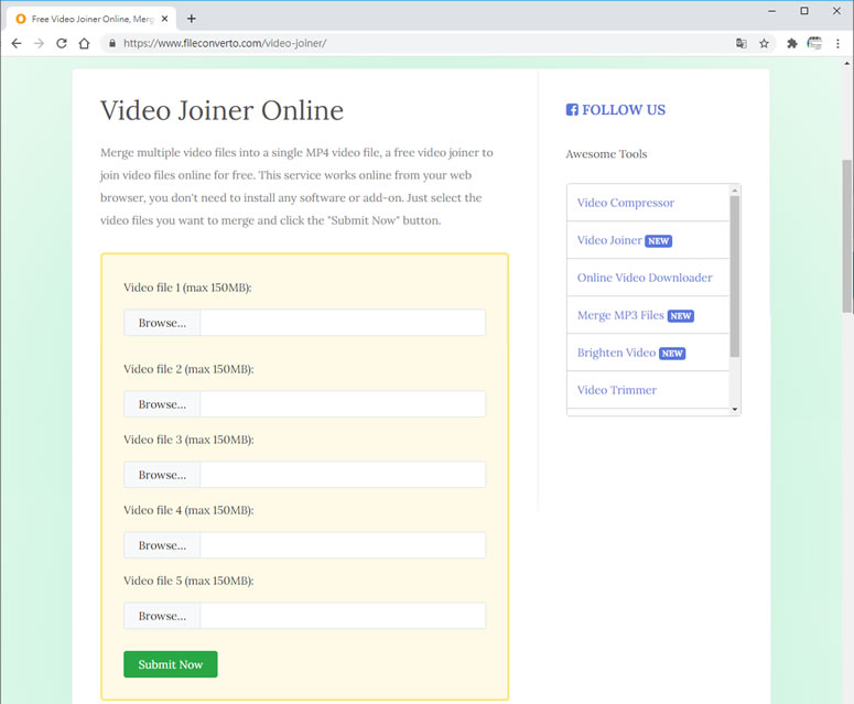 FileConverto Video Joiner Online 將多個影片合併成一個 MP4
