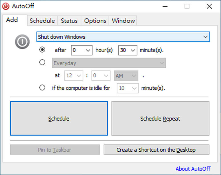 AutoOff 可根據時間或事件觸發電腦關機、重啟或啟用應用程序的免費工具