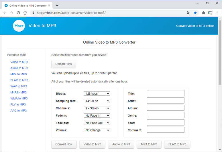 Hnet video to MP3 可將影片內的聲音取出成 MP3 的免費線上服務