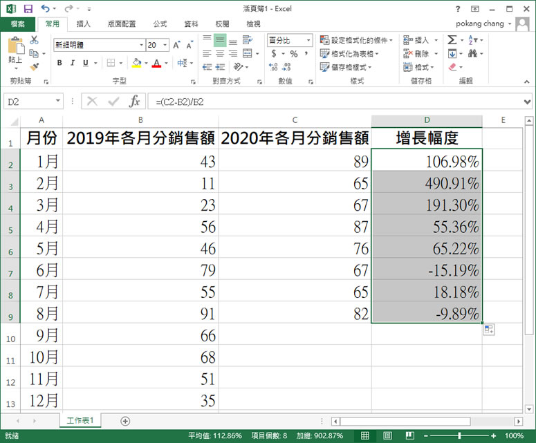 [ Excel ]如何計算新舊兩數字的相差百分比？