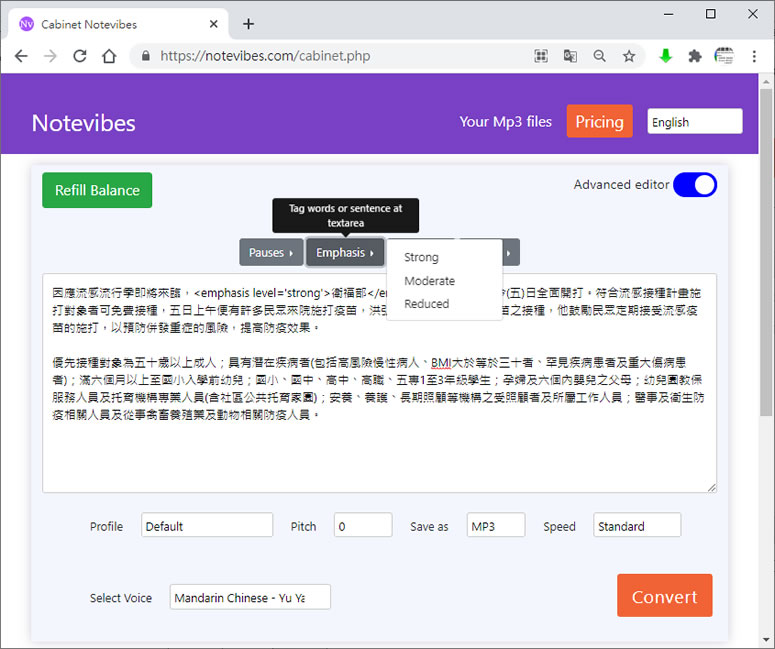 Notevibes Text to Speech 文字轉語音且可輸出成 MP3 的免費服務