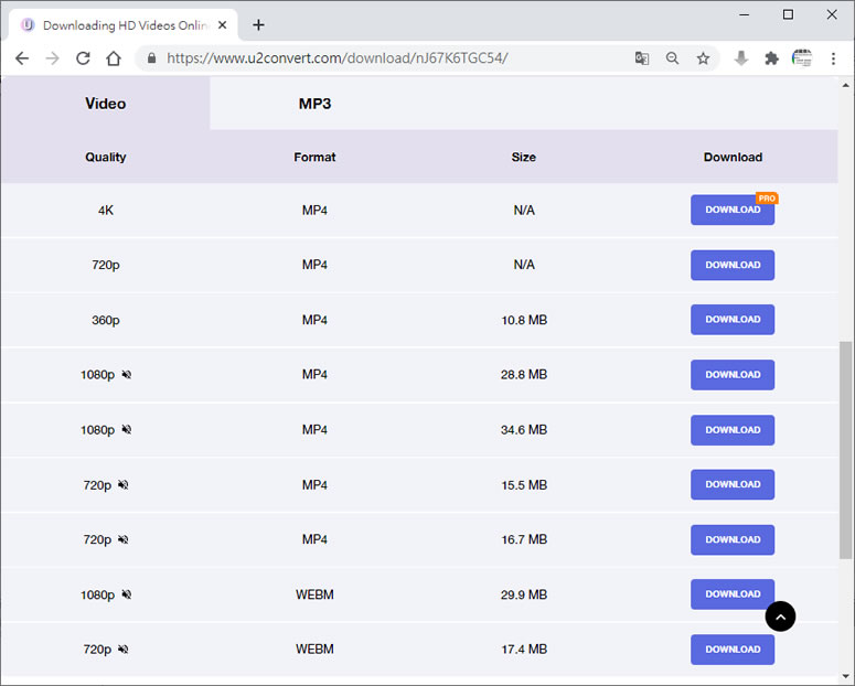 U2Convert Online Video Downloader 可下載 YouTube 影片的 Web 免費服務