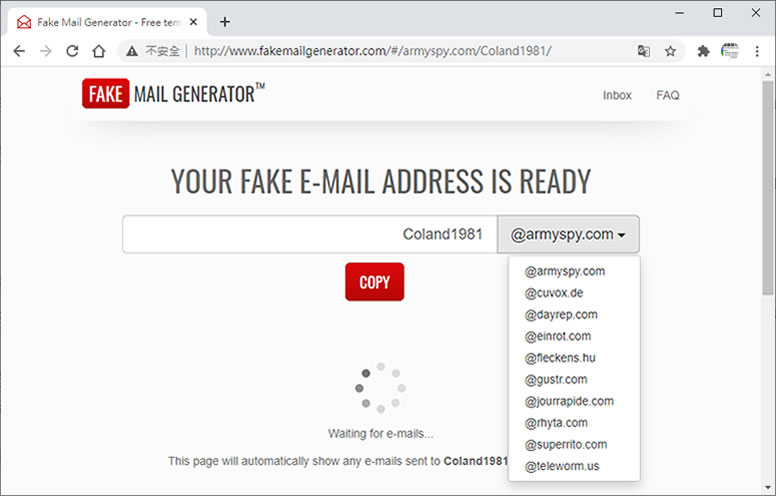 Fake Mail Generator 24小時的臨時性的電子郵件信箱