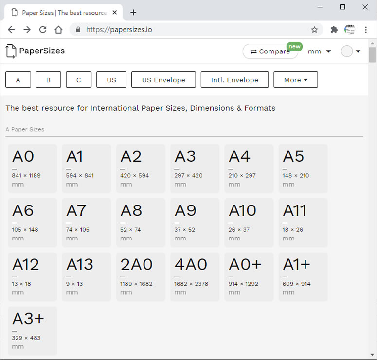 Paper Sizes 國際紙張尺寸規格線上查詢