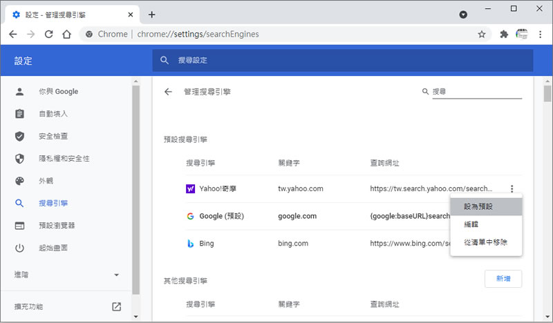 [ Google Chrome ]如何新增或更改默認的搜索引擎？