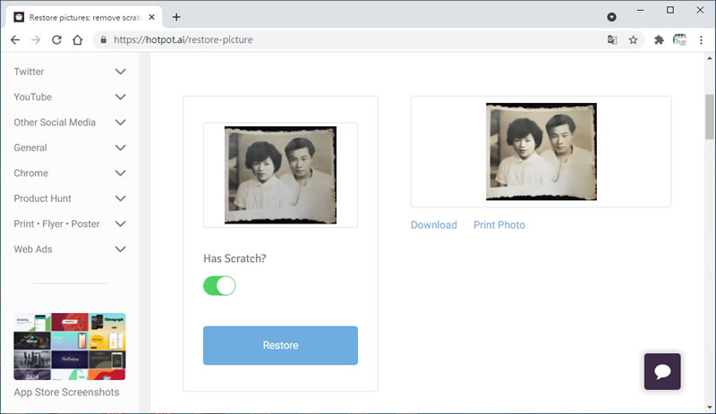 Hotpot AI Picture Restorer 用 AI 修復有摺痕的圖片