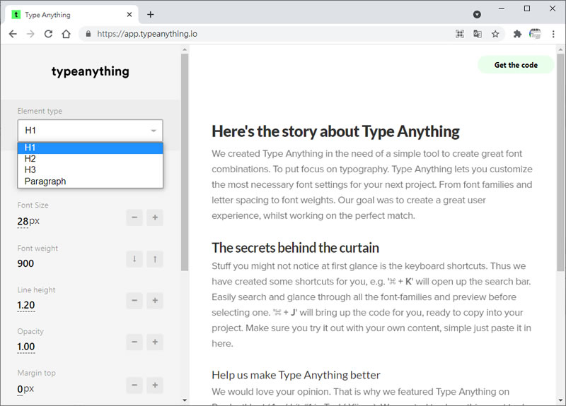 Type Anything 視覺化調整網頁文字字體、間距、大小...的 CSS 語法產生器 Type Anything 視覺化調整網頁文字字體、間距、大小...的 CSS 語法產生器