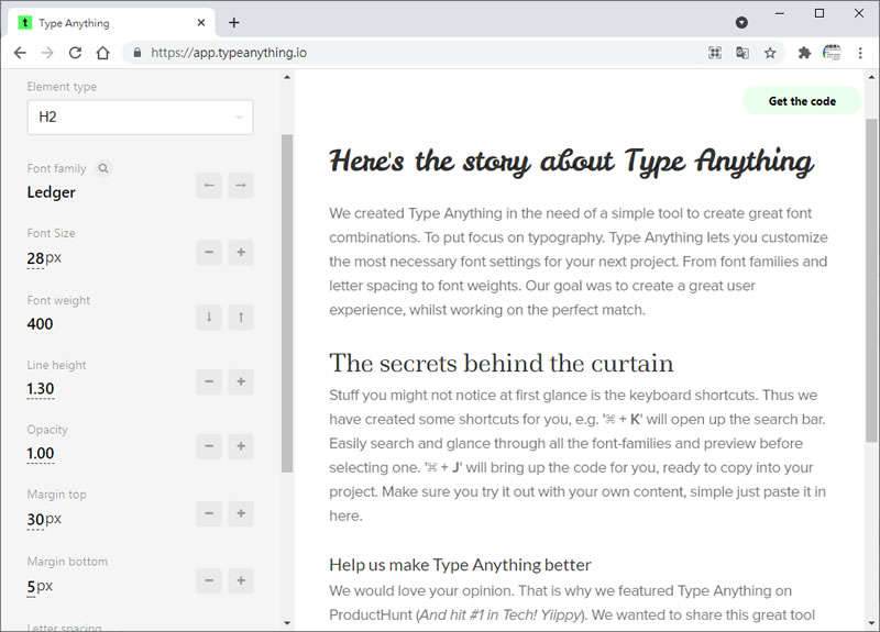 Type Anything 視覺化調整網頁文字字體、間距、大小...的 CSS 語法產生器 Type Anything 視覺化調整網頁文字字體、間距、大小...的 CSS 語法產生器