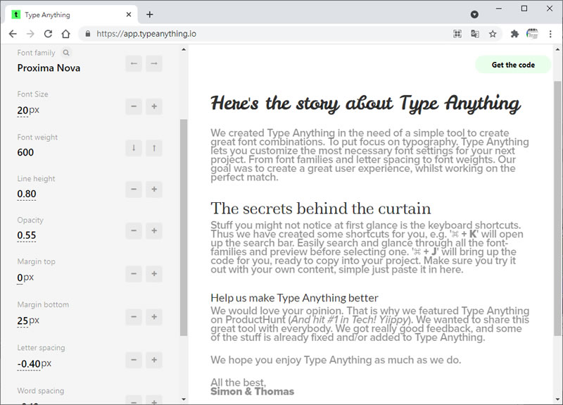 Type Anything 視覺化調整網頁文字字體、間距、大小...的 CSS 語法產生器 Type Anything 視覺化調整網頁文字字體、間距、大小...的 CSS 語法產生器