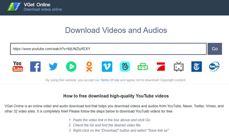 VGet 輸入影片網址，就可線上下載，支援 YouTube、Naver、Twitter、Vimeo...