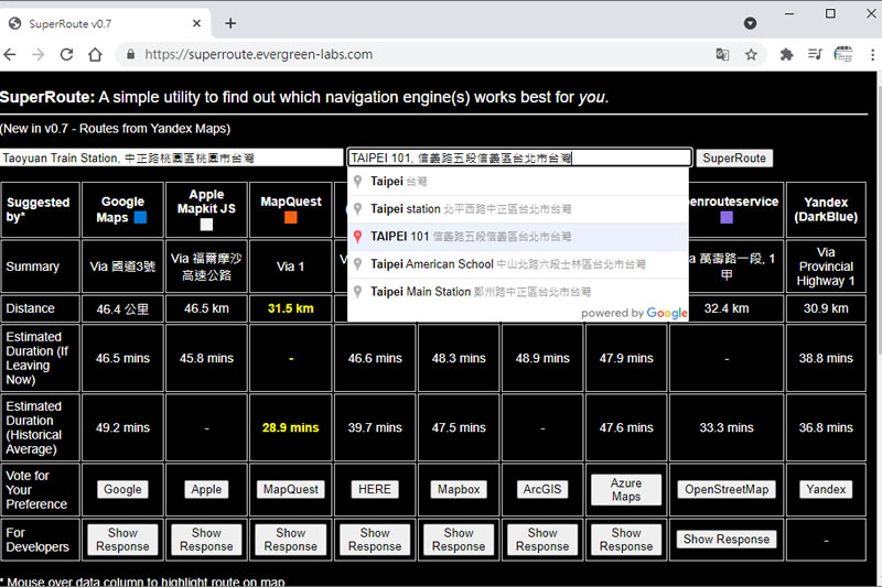 SuperRoute 比較 Google、Apple、Microsoft ...等地圖服務所生成的路線圖 SuperRoute 比較 Google、Apple、Microsoft ...等地圖服務所生成的路線圖