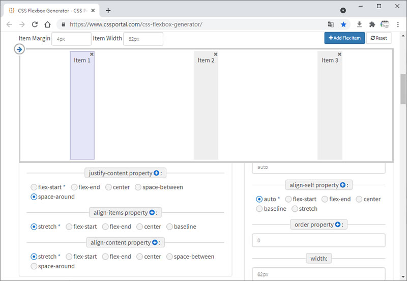 CSS Flexbox Generator 視覺化操作 Flex 屬性產生相對應的 CSS 語法