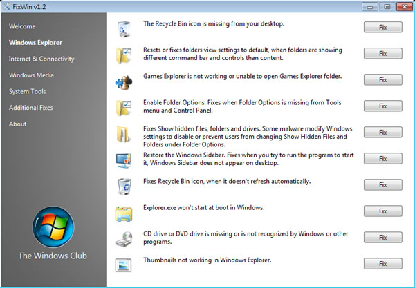 FixWin Windows Vista 及 Windows  7 系統修復軟體﹝免安裝﹞