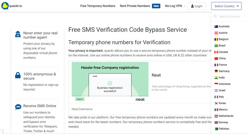 quackr.io 提供 22個國家/地區的臨時電話號碼，便於線上接收簡訊