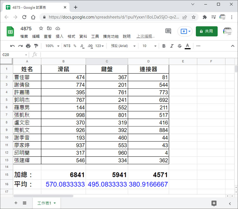 「Google 試算表」如何免計算就可得知所圈選儲存格內的加總、平均值、最大及最小值？