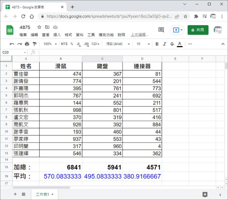 「Google 試算表」如何免計算就可得知所圈選儲存格內的加總、平均值、最大及最小值？