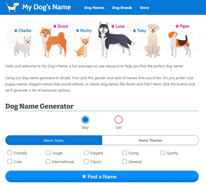 Dog Name Generator 毛小孩名字線上產生器與品種特性介紹 Dog Name Generator 毛小孩名字線上產生器與品種特性介紹