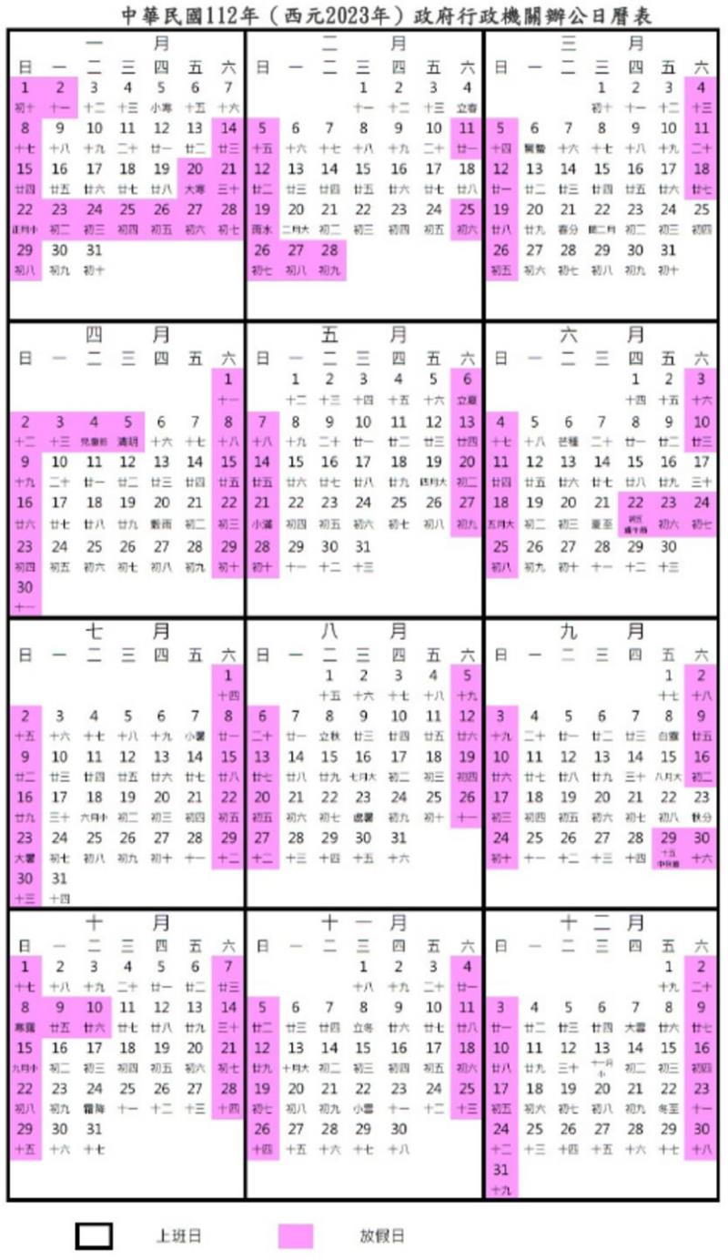 112年行事曆 全年放假116天 春節放10天 清明連假5天