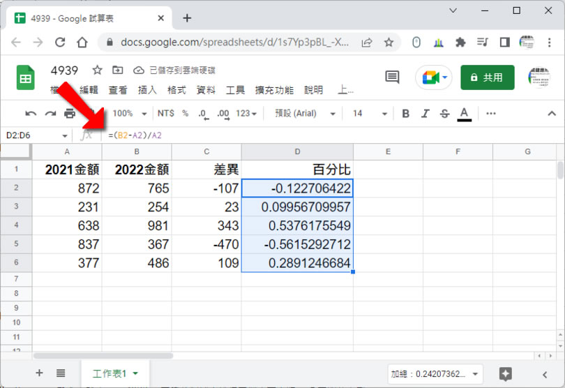 「Google 試算表」如何計算兩個數字之間的差異百分比？