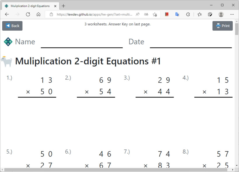 Math Homework Generator 加、減、乘、除數學題目自動產生器