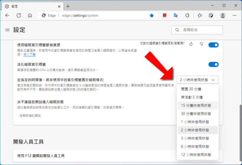 「Edge」如何將非使用中的分頁自動置於睡眠模式? 「Edge」如何將非使用中的分頁自動置於睡眠模式?