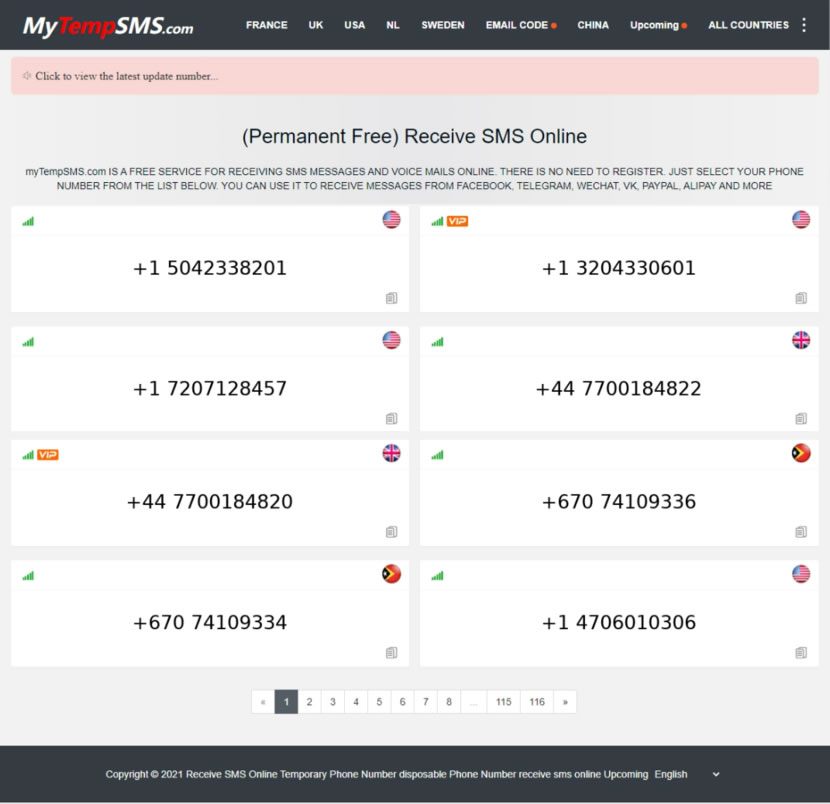 MyTempSMS.com 提供台灣、韓國、日本、美國...等地可線上接收簡訊的電話號碼