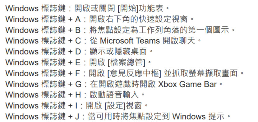 「Windows 11 鍵盤快速鍵」 Windows 標誌鍵搭配26個英文字母的執行動作列表
