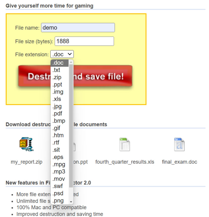 File Destructor 線上產生無法開啟的 Word、PowerPoint 及 Excel 等各類檔案 File Destructor 線上產生無法開啟的 Word、PowerPoint 及 Excel 等各類檔案