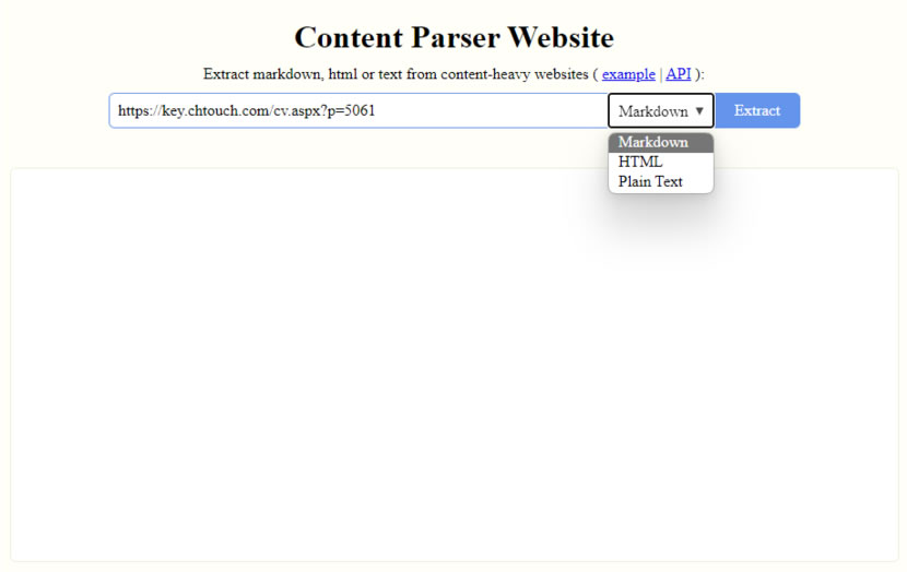 Content Parser Website 解析並提取網頁內的 Markdown、Html 或 Text Content Parser Website 解析並提取網頁內的 Markdown、Html 或 Text