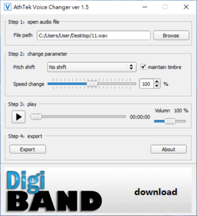 AthTek Voice Changer 可調整 MP3播放速度、升降 Key及改變音量的免費軟體