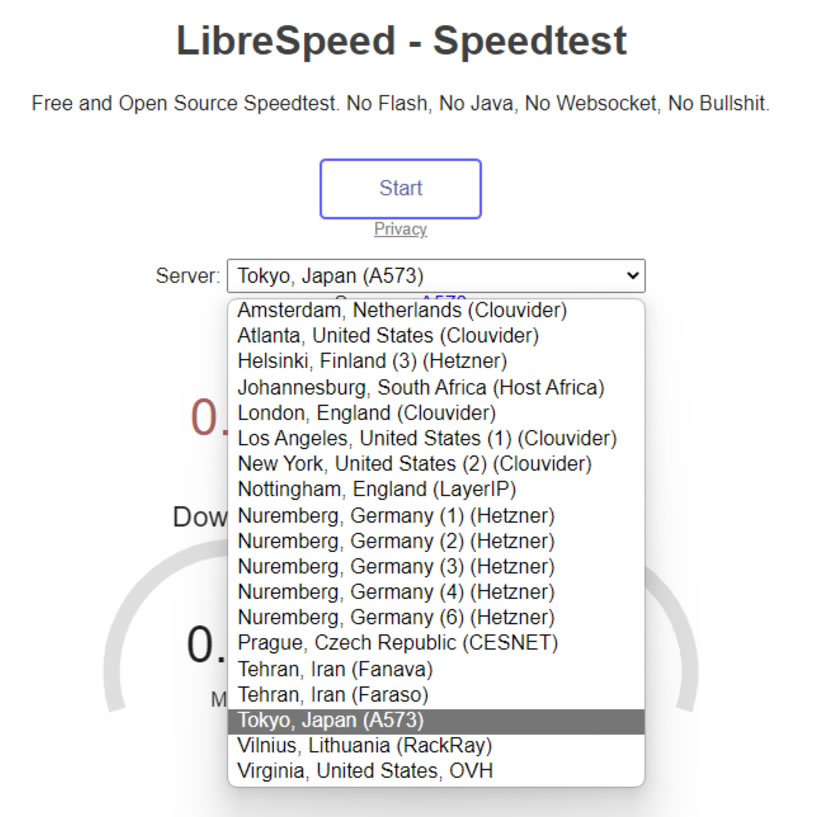 LibreSpeed 網路速度免費測試網站，可自選美國、日本、英國...等測試地點