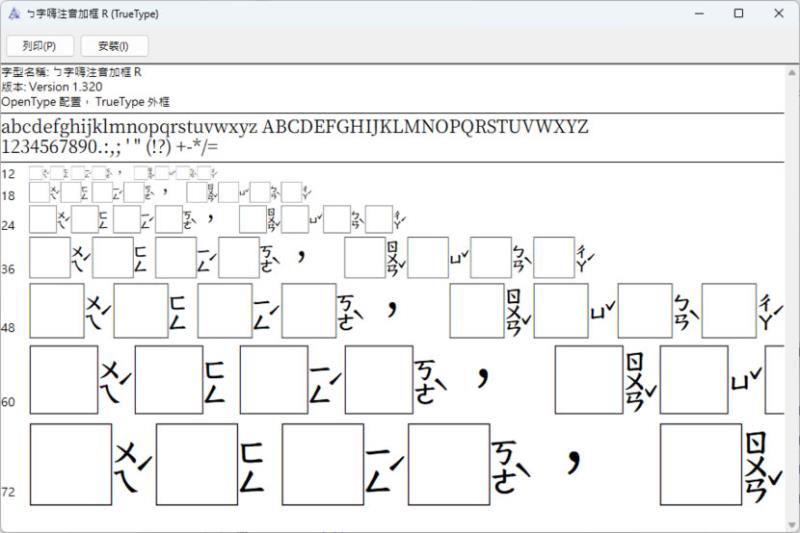 「字嗨注音加框」國字空白留框 僅顯示注音的免費中文字型