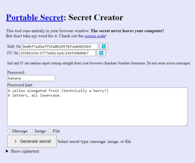 Portable Secret 以 HTML 傳送加密文字、圖片和檔案，可自訂密碼及密碼提示